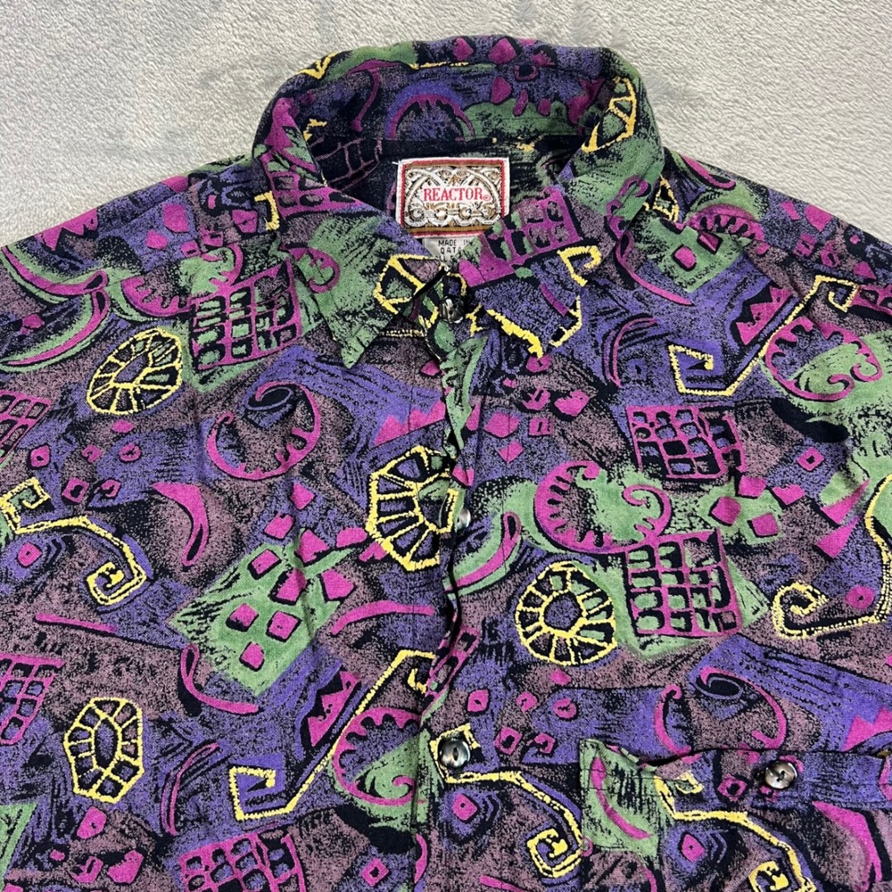Vintage REACTOR Button Down Shirt Mens Medium Purple Green Abstract Rayon 90s